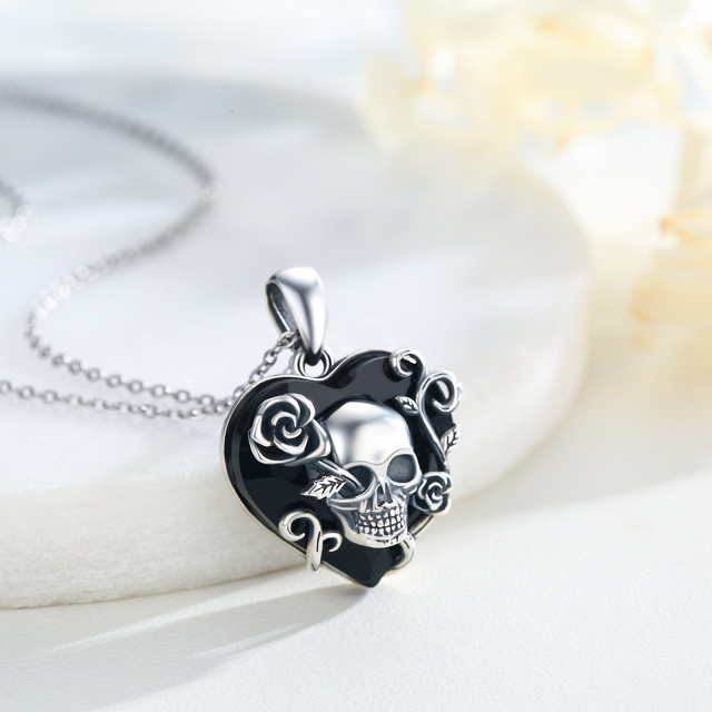 Sterling Silver with Black Plated Heart Shaped Rose & Skull Crystal Pendant Necklace-2