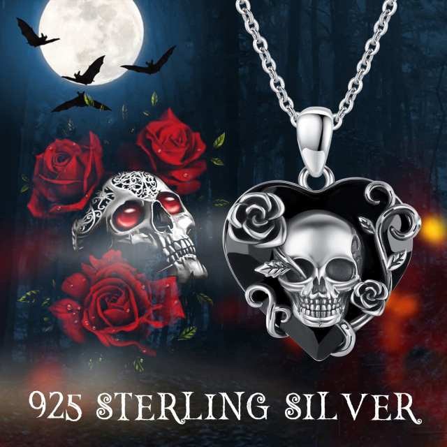 Sterling Silver with Black Plated Heart Shaped Rose & Skull Crystal Pendant Necklace-4