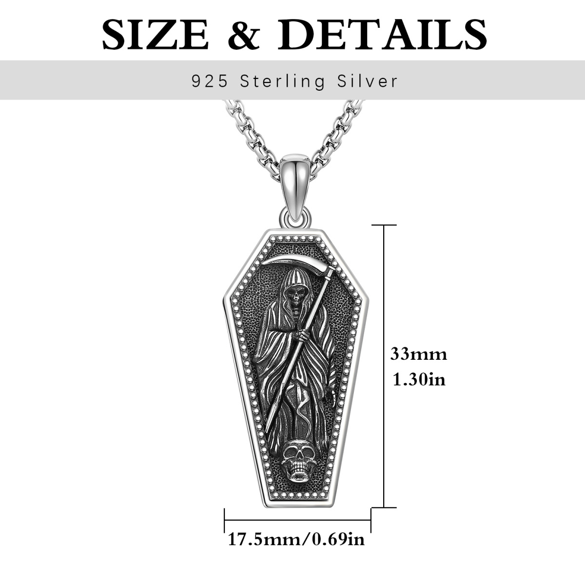 Sterling Silver Grim Reaper & Skull Pendant Necklace with Engraved Word for Men-6