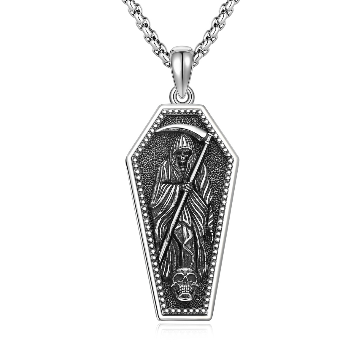 Sterling Silver Grim Reaper & Skull Pendant Necklace with Engraved Word for Men-1