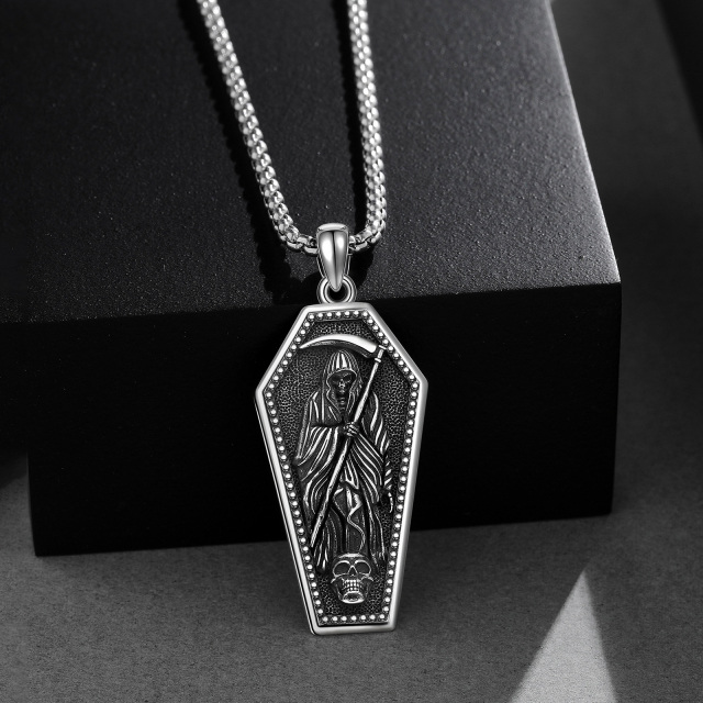 Sterling Silver Grim Reaper & Skull Pendant Necklace with Engraved Word for Men-3