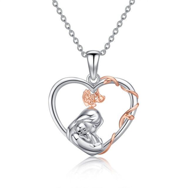 Sterling Silver Two-tone Rose Mother Heart Pendant Necklace-1