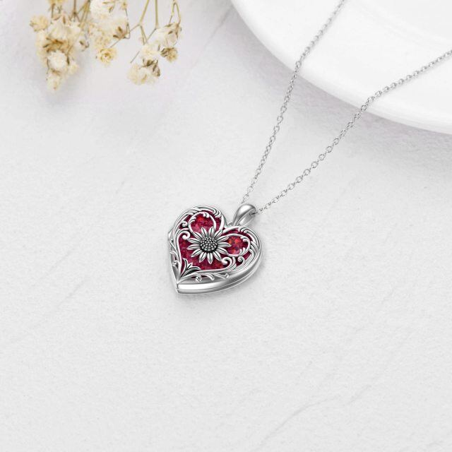 Sterling Silver Red Opal Sunflower & Heart Personalized Engraving Photo Locket Necklace-4