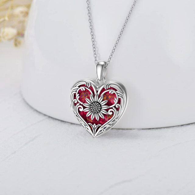 Sterling Silber rot Opal Sonnenblume & Herz personalisierte Gravur Foto Medaillon Halskette-2