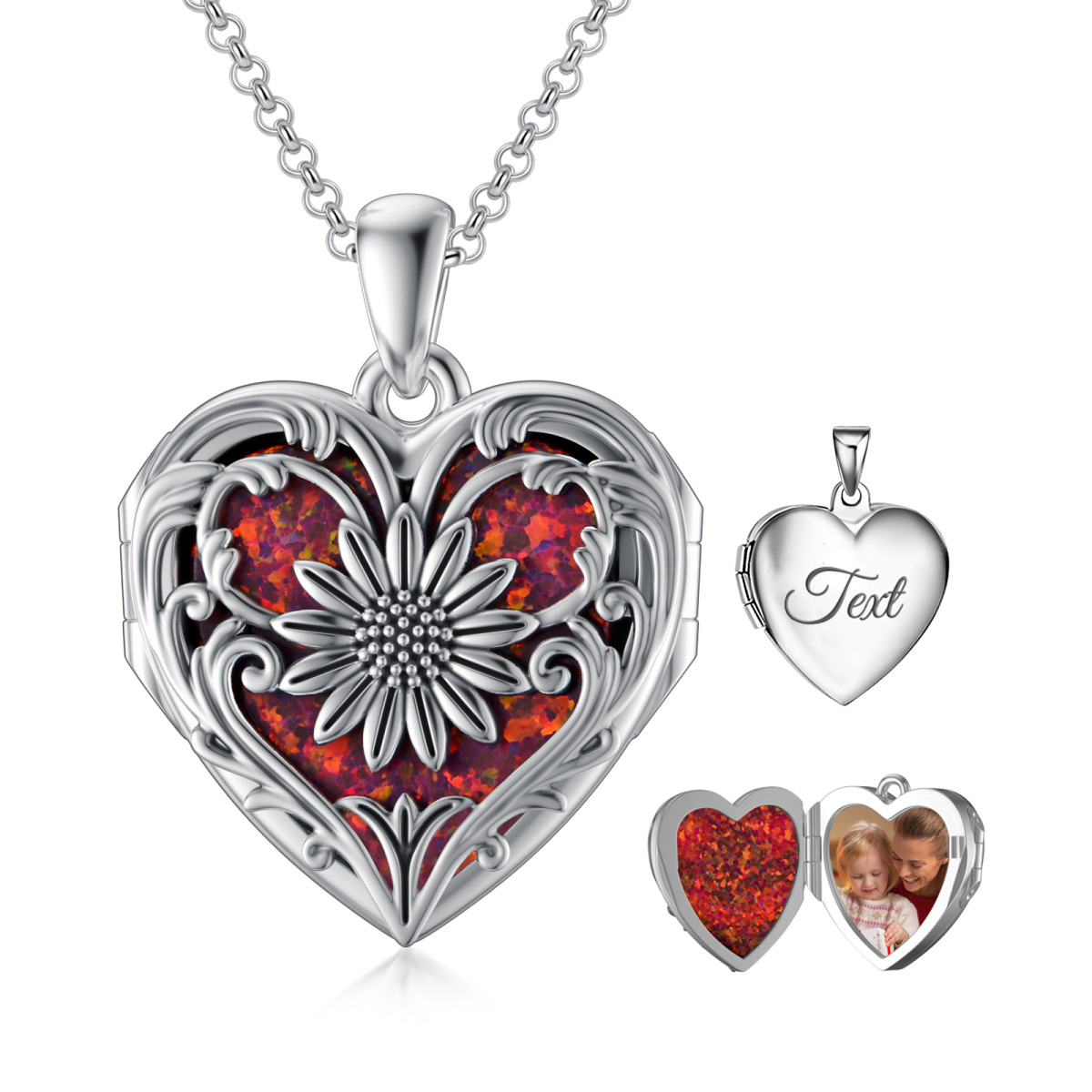 Sterling Silver Red Opal Sunflower & Heart Personalized Engraving Photo Locket Necklace-1