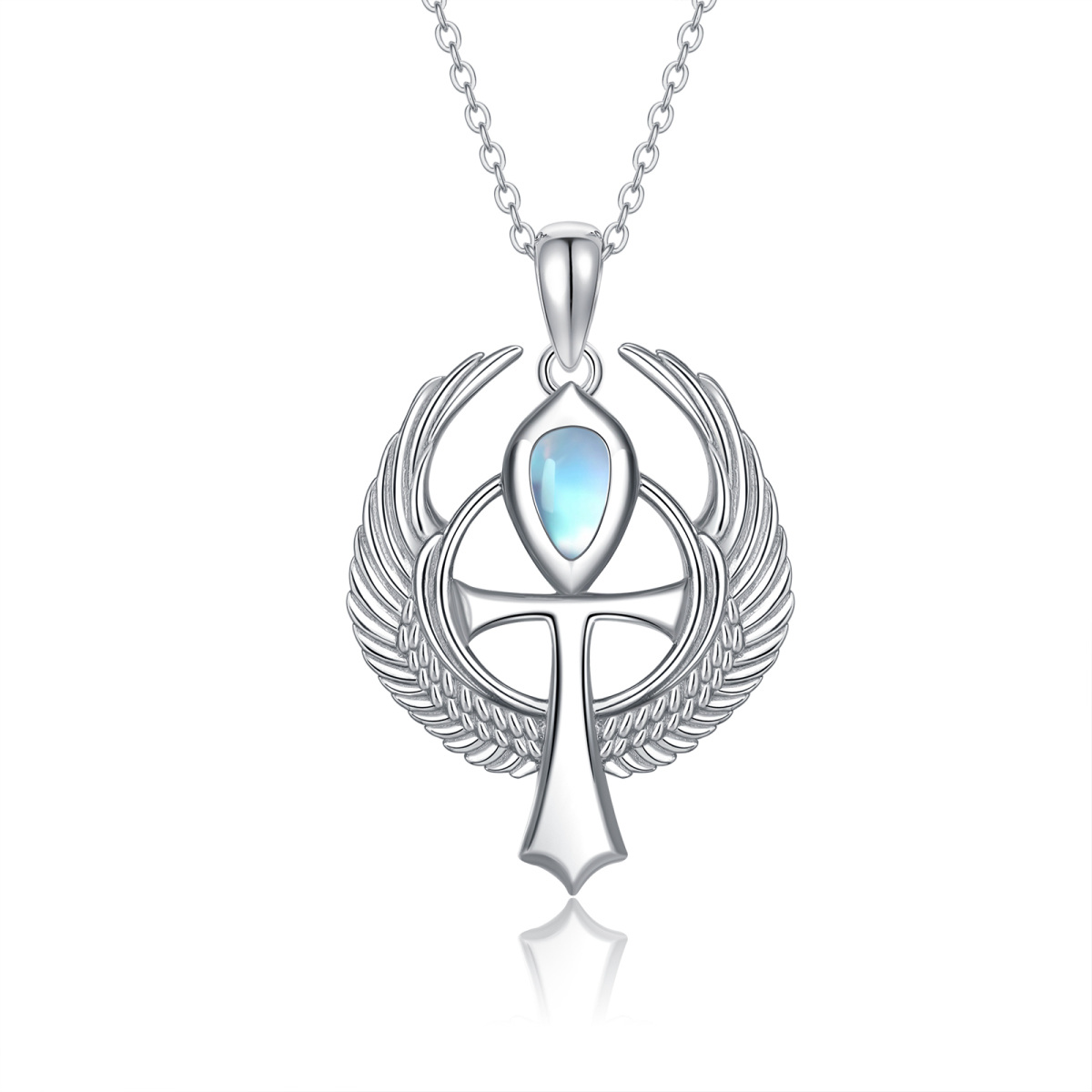 Sterling Silver Round Moonstone Allah & Angel Wing Pendant Necklace-1