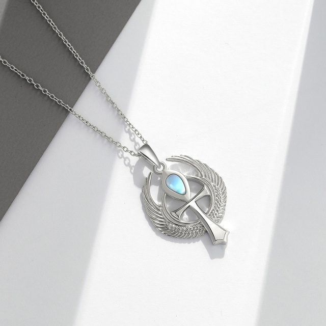 Sterling Silver Round Moonstone Allah & Angel Wing Pendant Necklace-3
