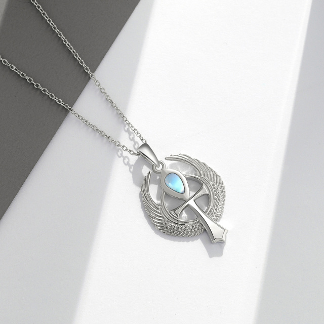 Plata de ley Ronda Moonstone Allah & Angel Wing Collar Colgante-3