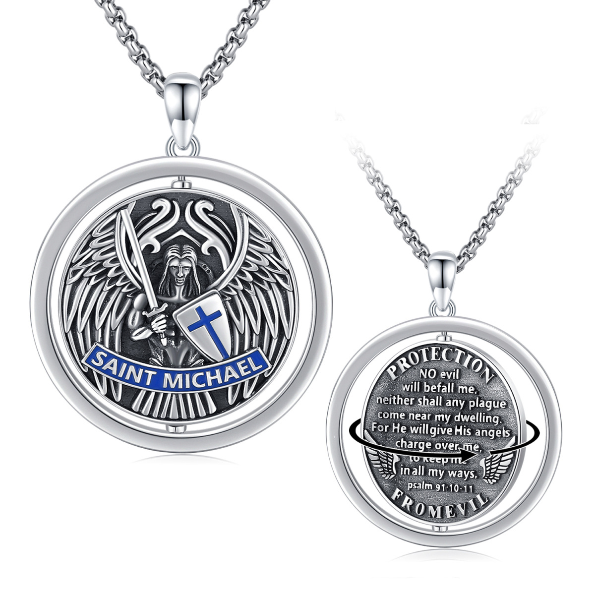 Sterling Silver Two-tone Cross & Saint Michael Pendant Necklace for Men-1