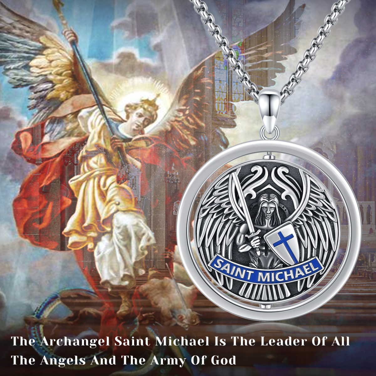 Sterling Silver Two-tone Cross & Saint Michael Pendant Necklace for Men-6