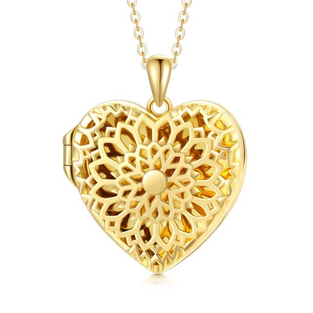 10K Gold Sunflower & Heart Personalized Photo Locket Necklace-0