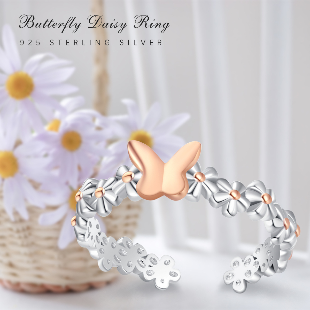 Sterling Silver Two-tone Butterfly & Daisy Open Ring-5
