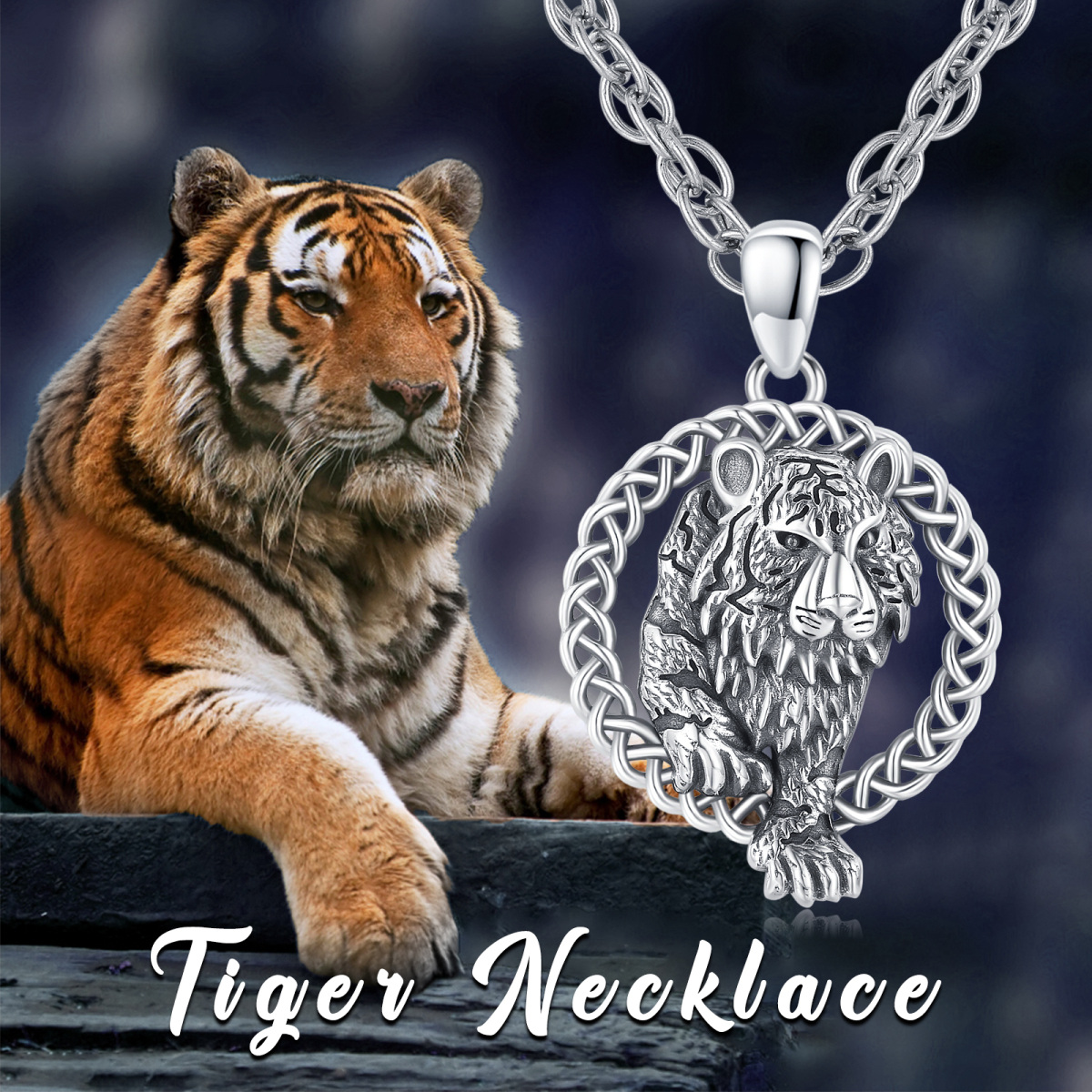 Collar de plata de ley con tigre y nudo celta para hombre-7