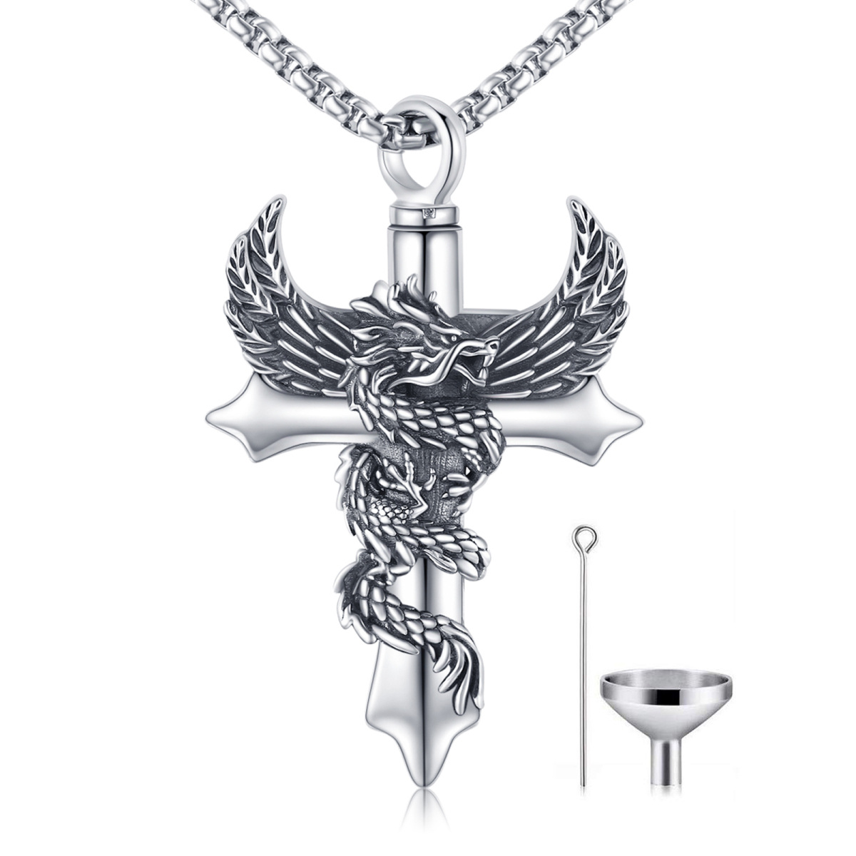 Sterling Silver Dragon & Angel Wing & Cross Pendant Necklace-1