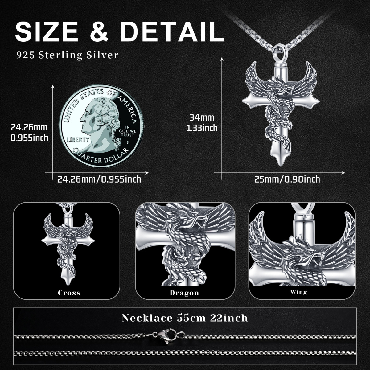 Collar de plata de ley con colgante en forma de cruz y alas de dragón y ángel-7