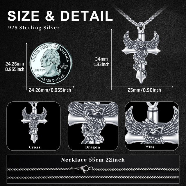 Sterling Silber Drache & Engel Flügel & Kreuz Anhänger Halskette-6