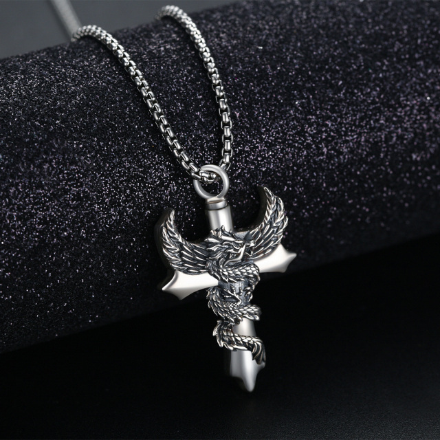 Colar com pingente de dragão e asa de anjo e cruz em prata esterlina-4