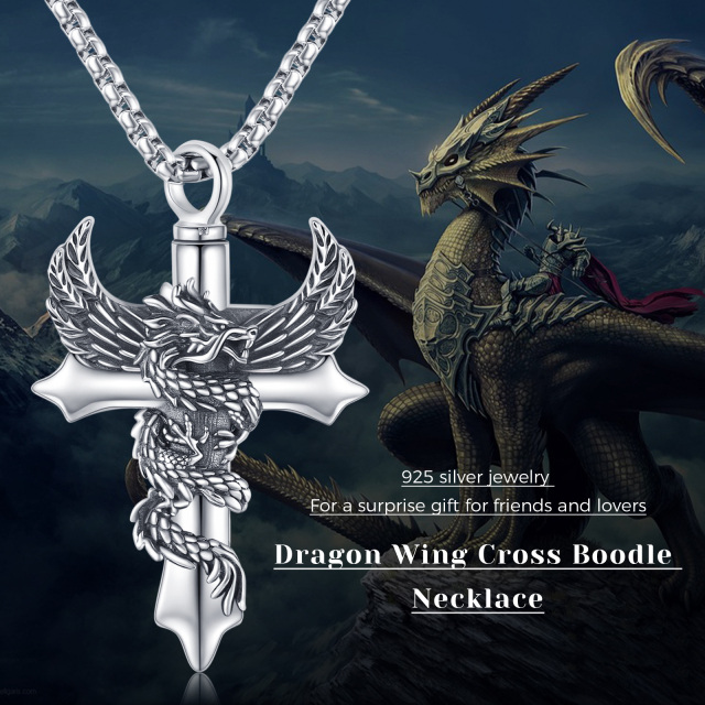 Colar com pingente de dragão e asa de anjo e cruz em prata esterlina-5