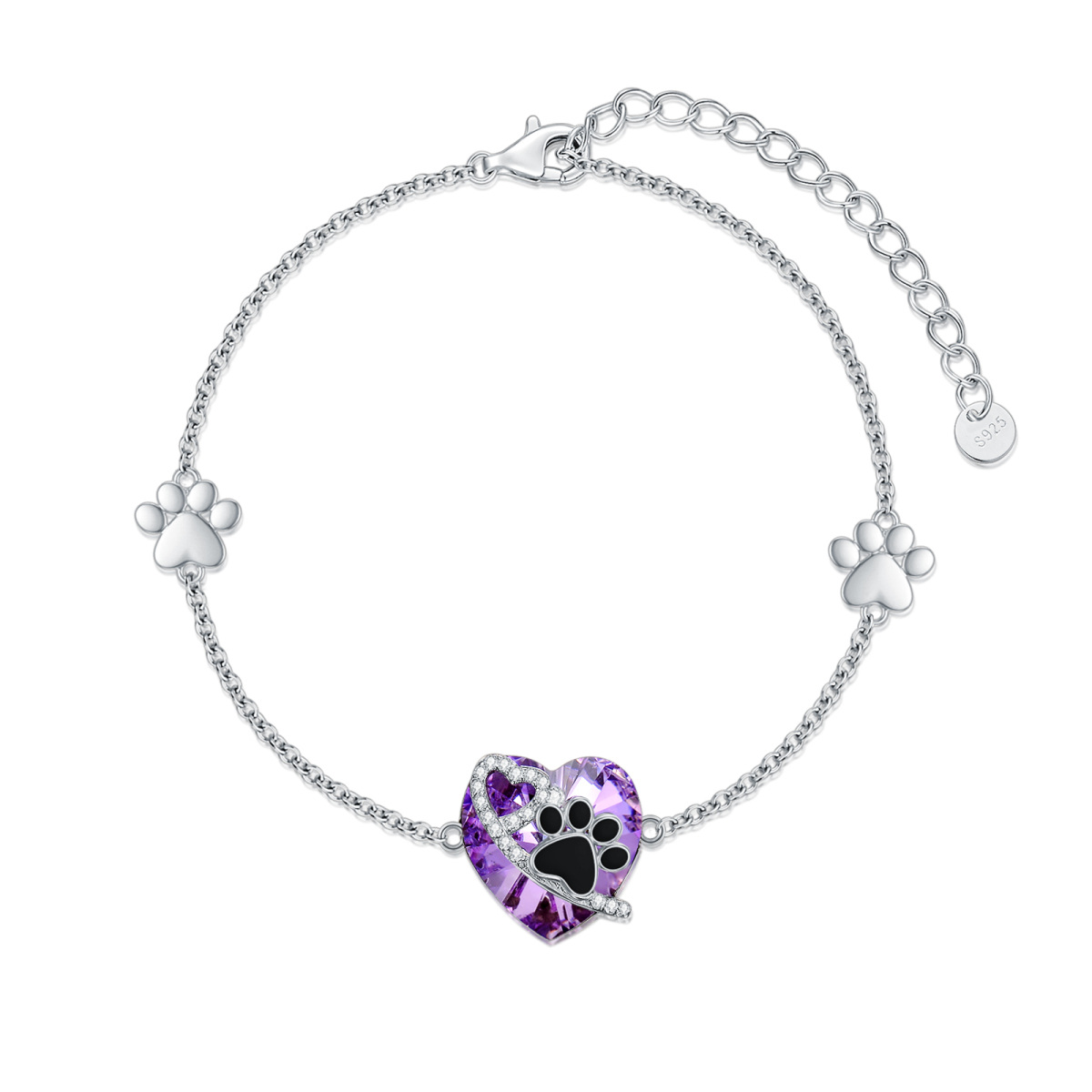 Sterling Silver Heart Shaped Crystal Paw & Heart Pendant Bracelet-1