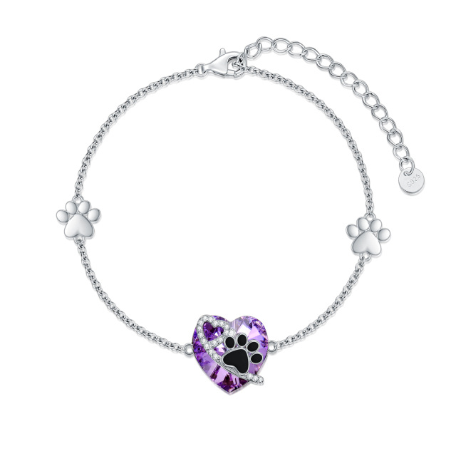 Sterling Silver Heart Shaped Crystal Paw & Heart Pendant Bracelet-2