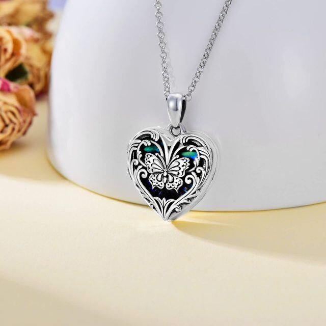 Sterling Silver Butterfly Heart Shaped Abalone Shellfish Personalized Engraving Photo Locket Necklace-3