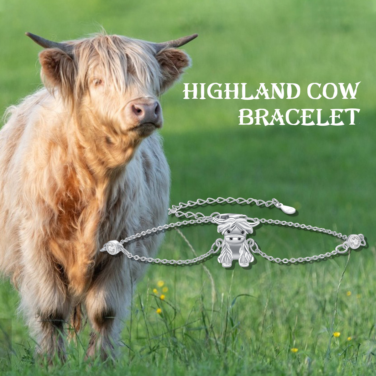 Sterling Silver Cubic Zirconia Highland Cow Pendant Bracelet-3