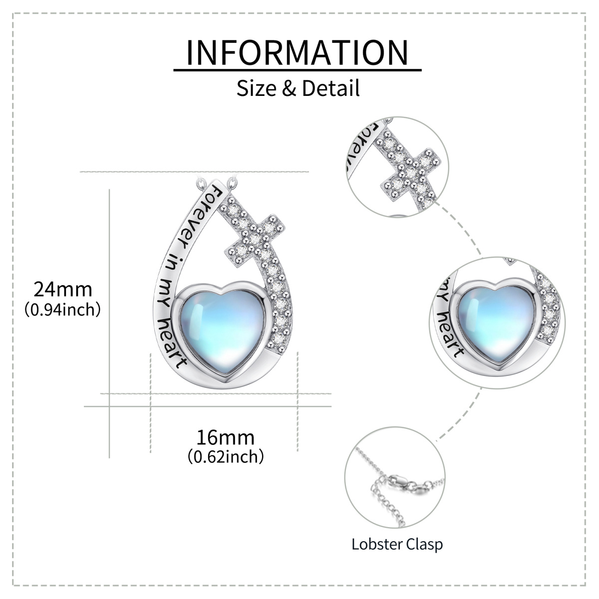 Sterling Silver Heart Shaped Moonstone Cross & Drop Shape Urn Necklace for Ashes with Engraved Word-6