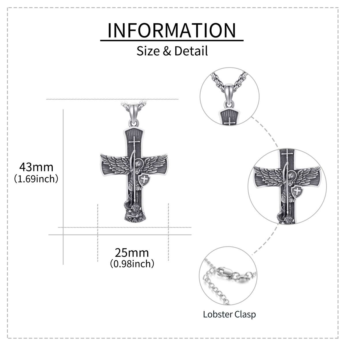 Sterling Silver Cross & Saint Michael Pendant Necklace for Men-5
