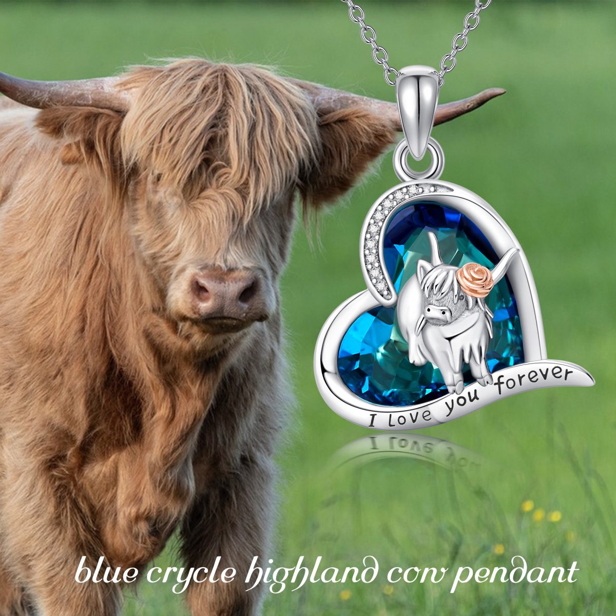 Collier pendentif vache en cristal bicolore en argent sterling avec mot gravé-6