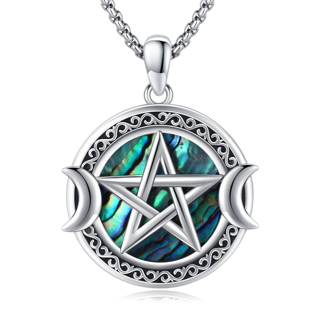Sterling Silver Circular Shaped Abalone Shellfish Triple Moon Goddess Pendant Necklace-1