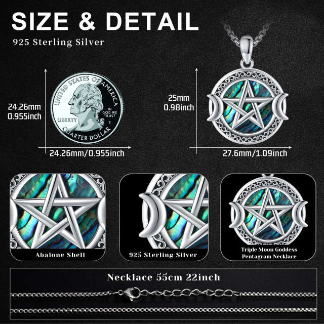 Sterling Silver Circular Shaped Abalone Shellfish Triple Moon Goddess Pendant Necklace-6