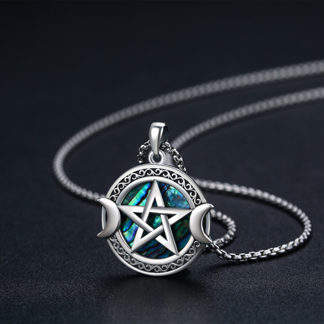 Sterling Silver Circular Shaped Abalone Shellfish Triple Moon Goddess Pendant Necklace-4