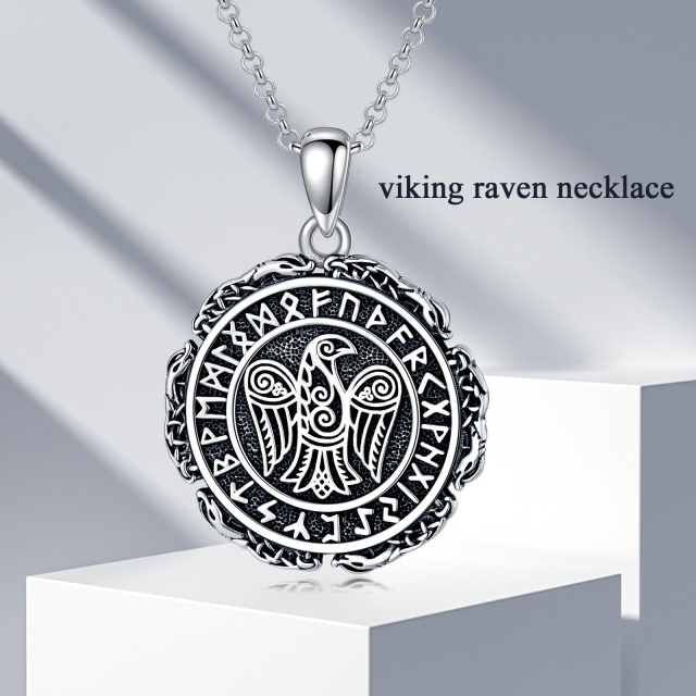 Sterling Silver Raven & Viking Rune Pendant Necklace-2