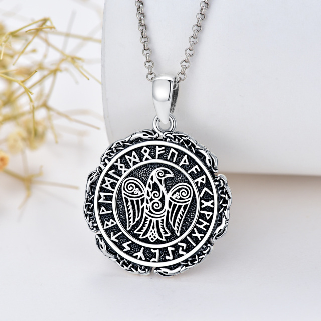 Sterling Silver Raven & Viking Rune Pendant Necklace-4