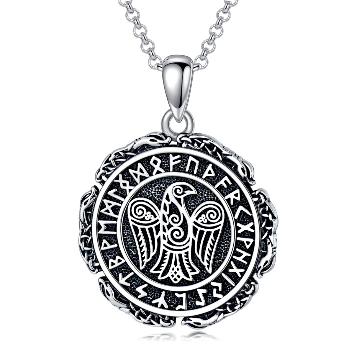 Sterling Silver Raven & Viking Rune Pendant Necklace-1