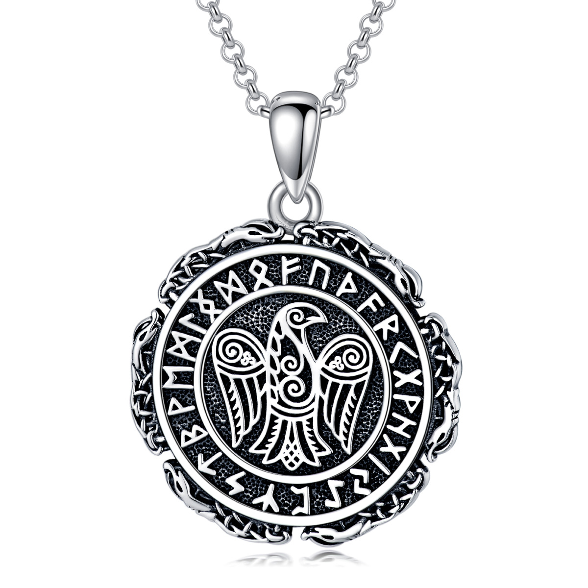 Collier en argent sterling avec pendentif corbeau et rune viking-1