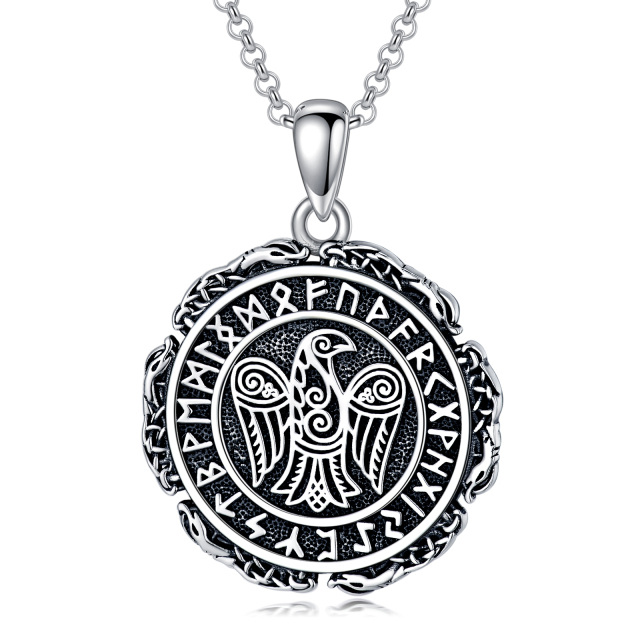 Sterling Silver Raven & Viking Rune Pendant Necklace-0