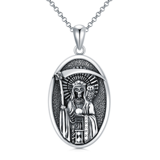 Santa Muerte Necklace in Sterling Silver with White Gold PLated as Gift for Men