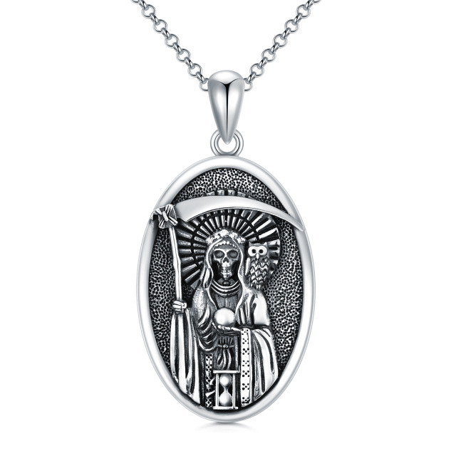 Sterling Silver Santa Muerte Perdoname & Owl Pendant Necklace for Men-0