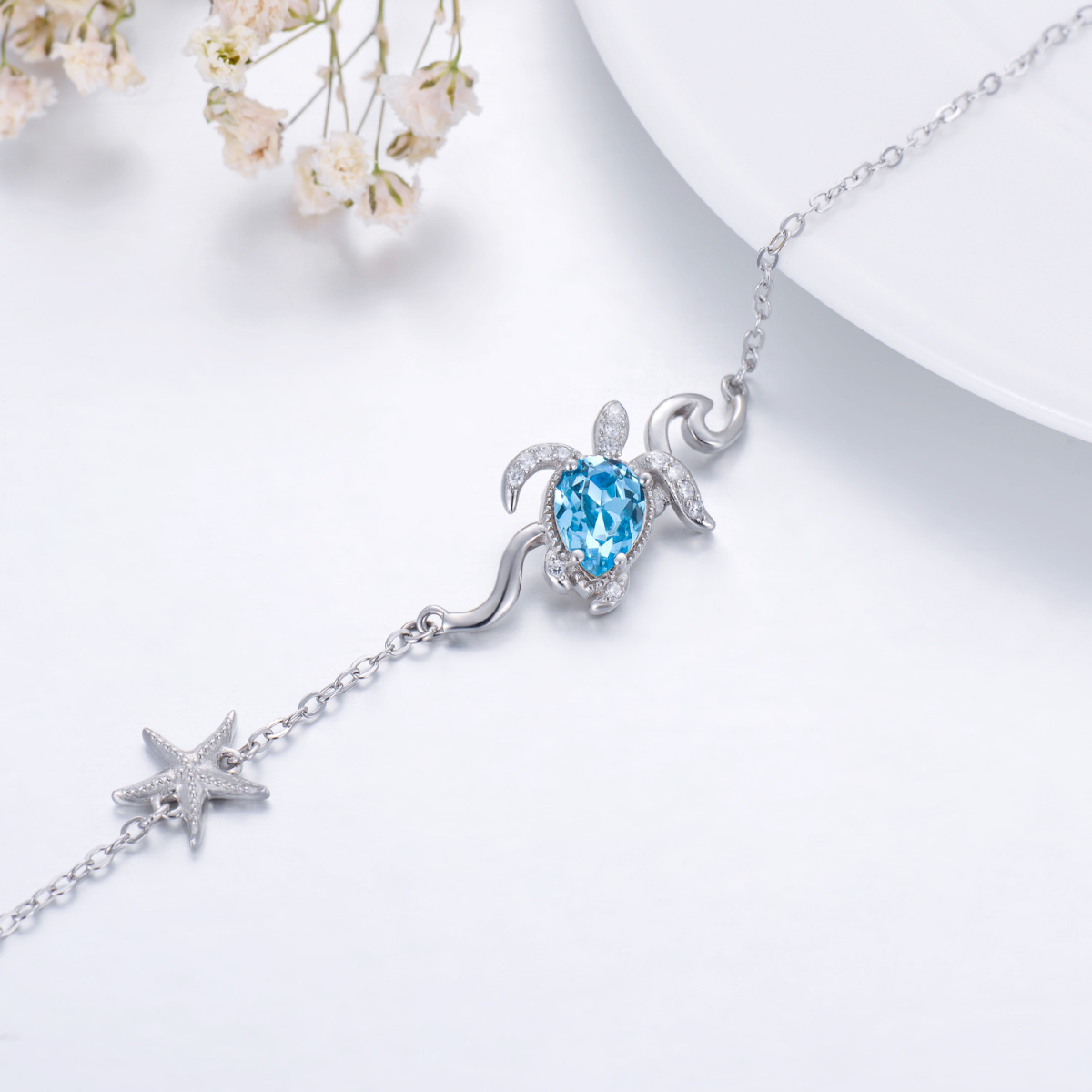 Sterling Silver Crystal Sea Turtle & Starfish Single Layer Anklet-3