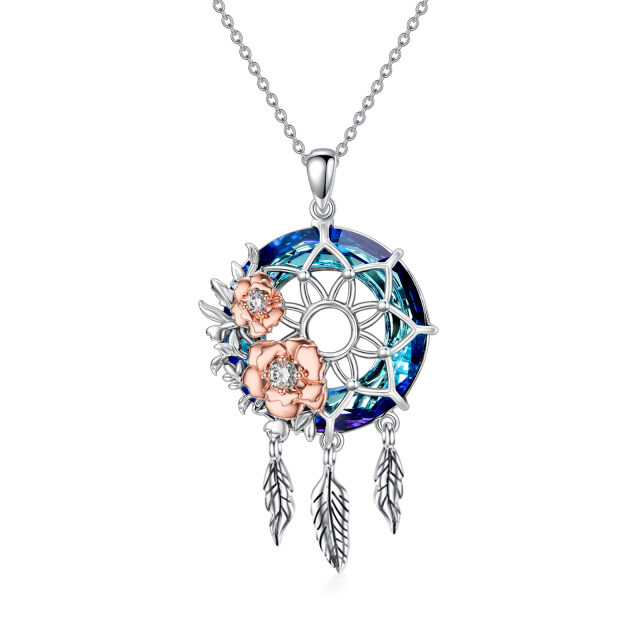 Sterling Silver Two-tone Rose & Dream Catcher Crystal Pendant Necklace-1