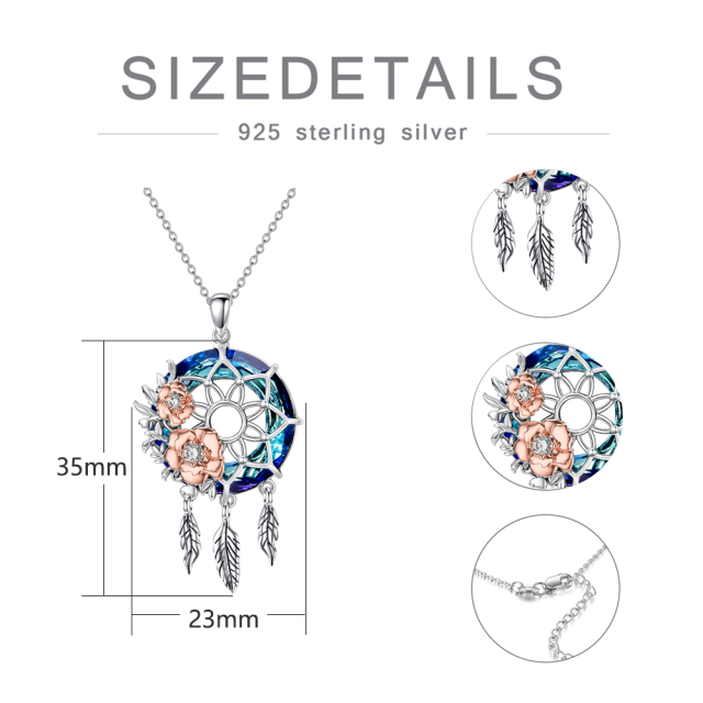 Sterling Silver Two-tone Rose & Dream Catcher Crystal Pendant Necklace-5