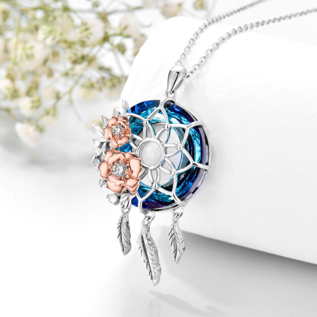Sterling Silver Two-tone Rose & Dream Catcher Crystal Pendant Necklace-4