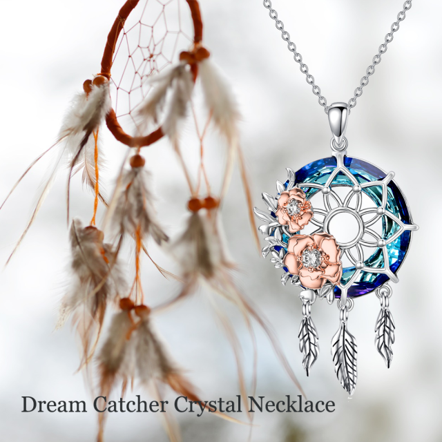Sterling Silver Two-tone Rose & Dream Catcher Crystal Pendant Necklace-3