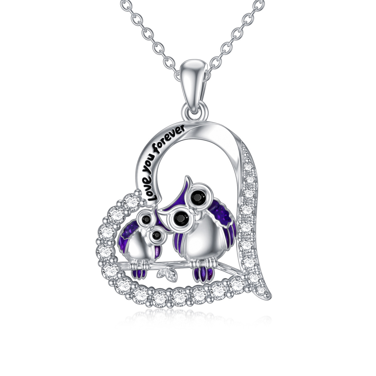 Sterling Silver Cubic Zirconia Couple Owl Heart Pendant Necklace with Engraved Word-1