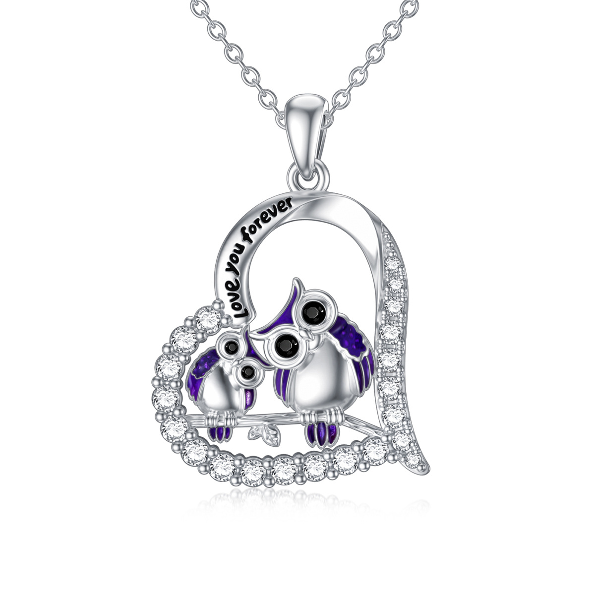 Collier en argent sterling avec pendentif en forme de coeur de couple de hibou en zirconium cubique et mot gravé-1