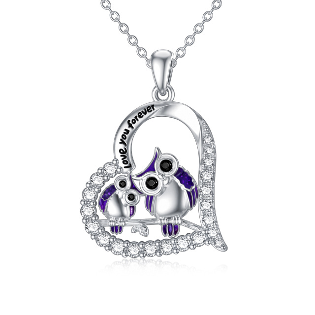 Sterling Silver Cubic Zirconia Couple Owl Heart Pendant Necklace with Engraved Word-0
