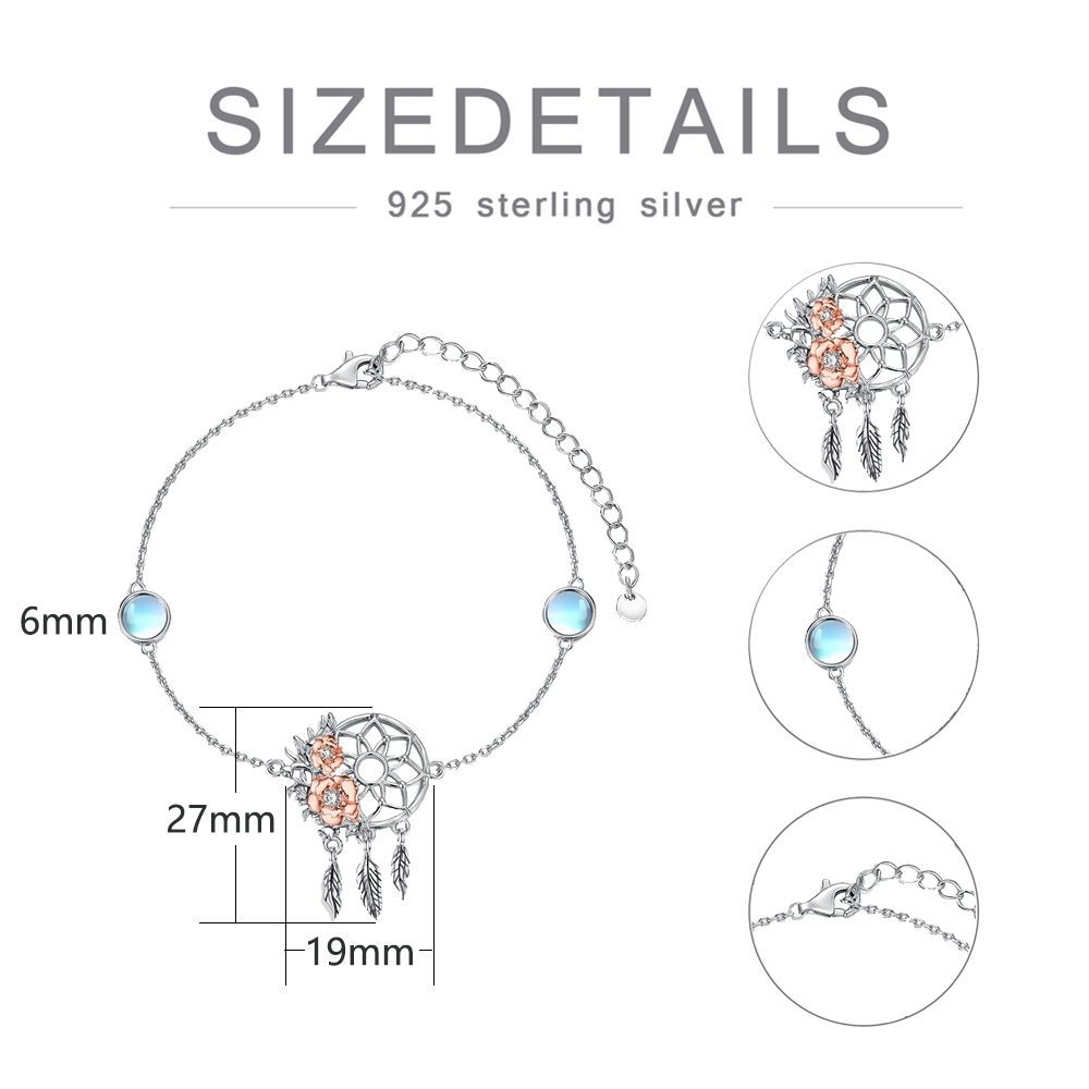 Sterling Silver Two-tone Circular Shaped Cubic Zirconia & Moonstone Dream Catcher Pendant Bracelet-4