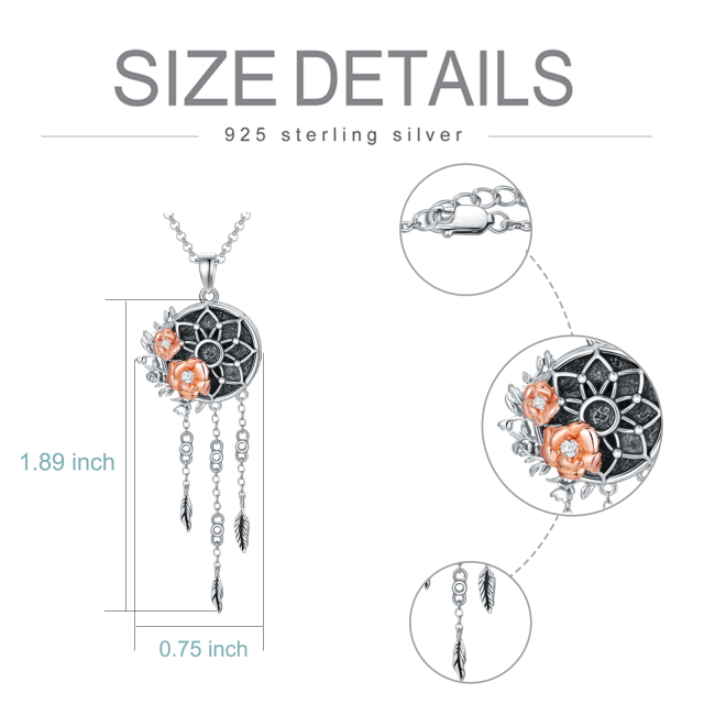 Sterling Silver Two-tone Circular Shaped Cubic Zirconia Rose & Dream Catcher Urn Necklace for Ashes-7