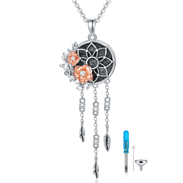 Sterling Silver Two-tone Circular Shaped Cubic Zirconia Rose & Dream Catcher Urn Necklace for Ashes-1